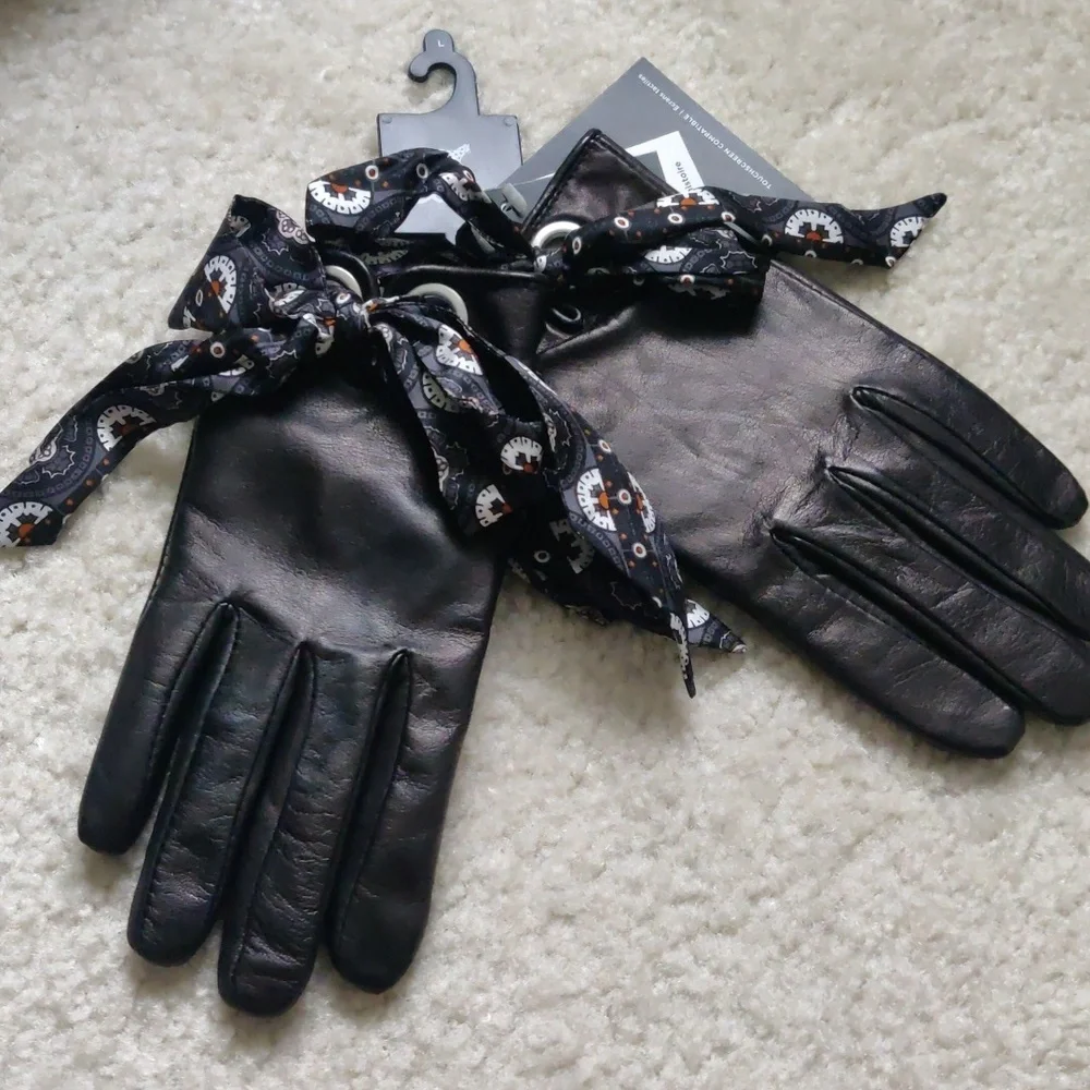 New!Echo Elegant Black Leather Gloves with Scarf Detail Vintage Inspired Y2k